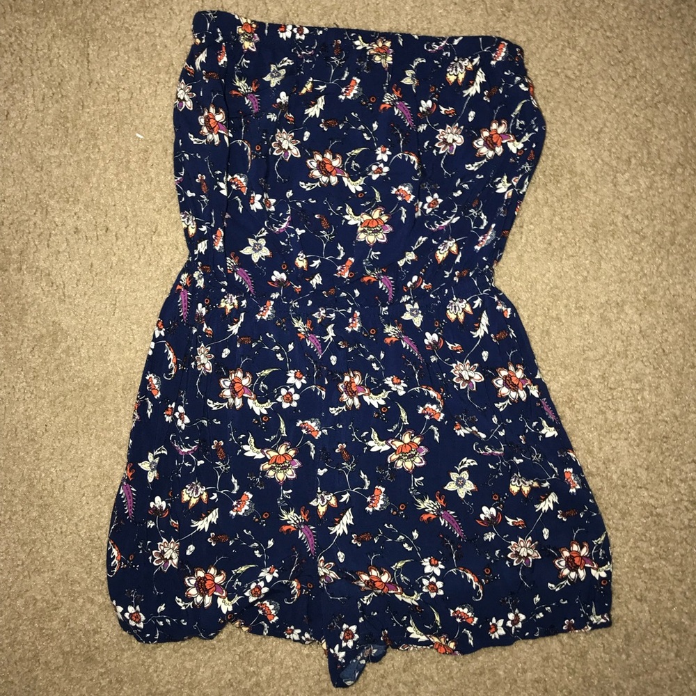 Blue Floral Strapless Romper